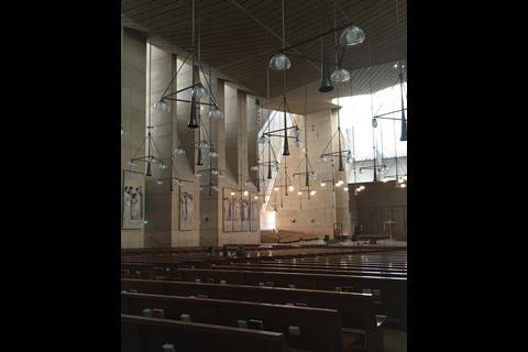 Nave of the Cathedral of Our Lady of the Angels, Los Angeles, by Rafael Moneo. It opened in 2002 after the previous Catholic cathedral was destroyed in an earthquake